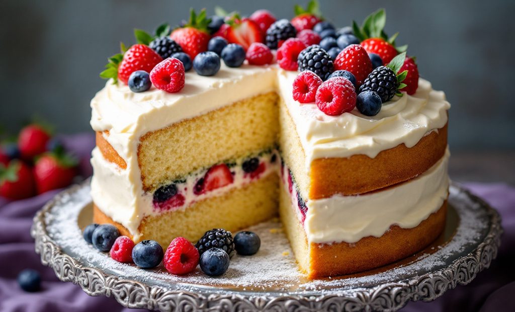 A beautifully decorated classic vanilla cake with multiple layers, vanilla buttercream frosting, and fresh berries, showcasing its moist and fluffy interior.