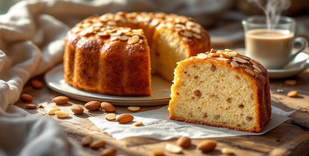 A beautifully baked almond nut cake with a golden-brown crust, sliced and presented on a rustic wooden table, surrounded by scattered almonds and a cup of coffee.