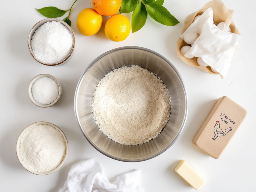 A flat lay photo of all the ingredients needed for the lemon poppy seed cake, including flour, sugar, butter, eggs, lemons, and poppy seeds, arranged neatly on a countertop.