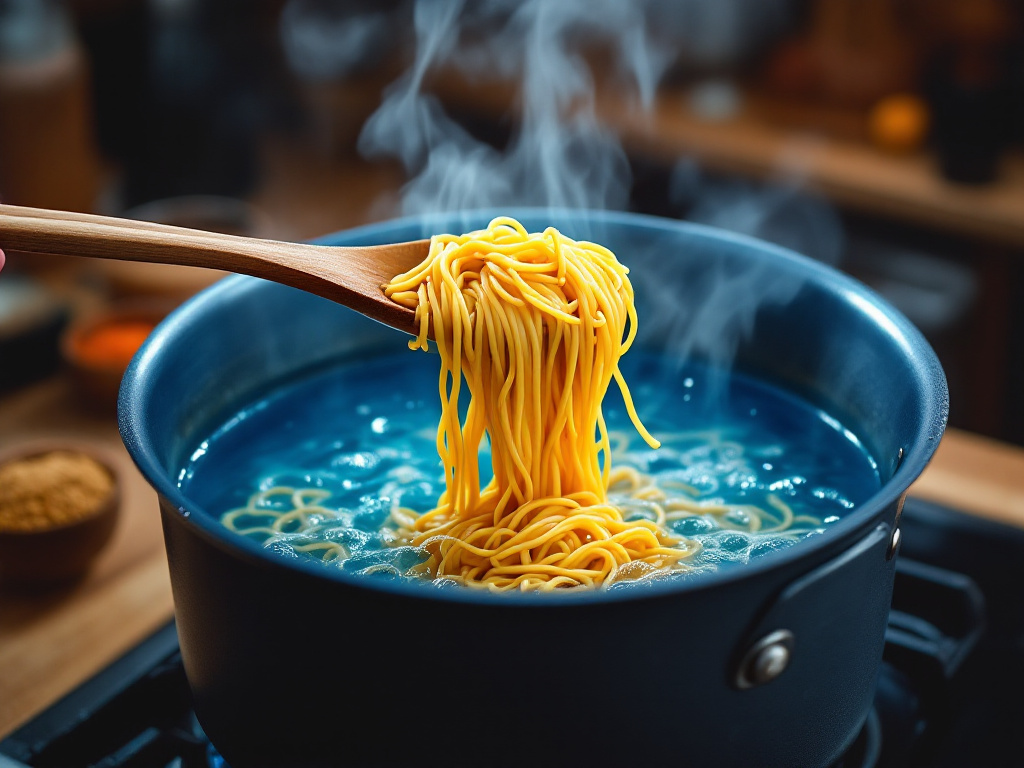 A photo of ramen noodles being cooked in boiling water, capturing the moment they are added to the pot.