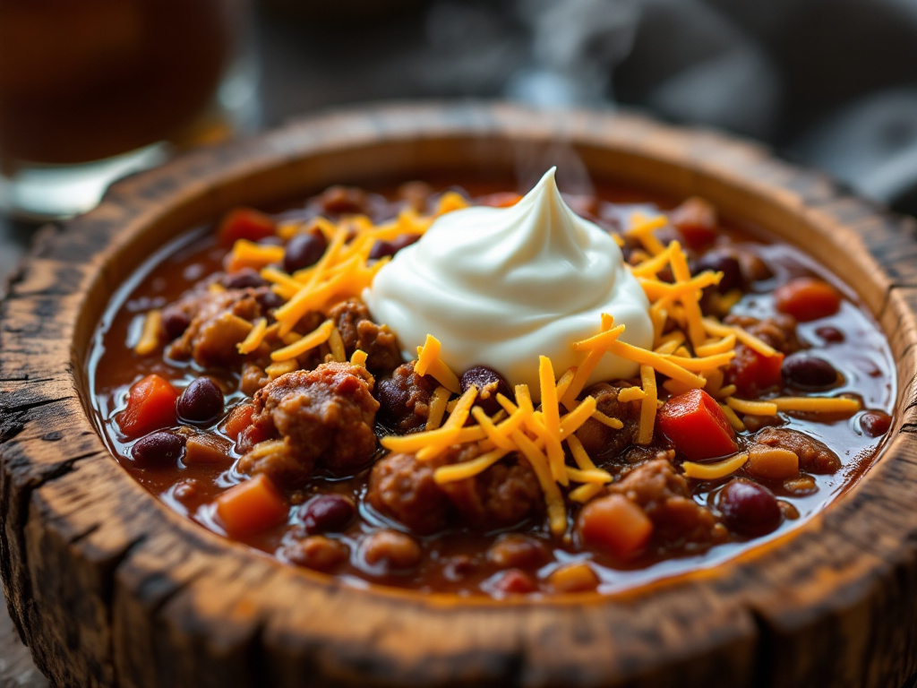 A steaming bowl of beef chili with visible chunks of ground beef, kidney beans, and diced tomatoes, garnished with a sprinkle of shredded cheese and a dollop of sour cream, placed on a rustic wooden table.