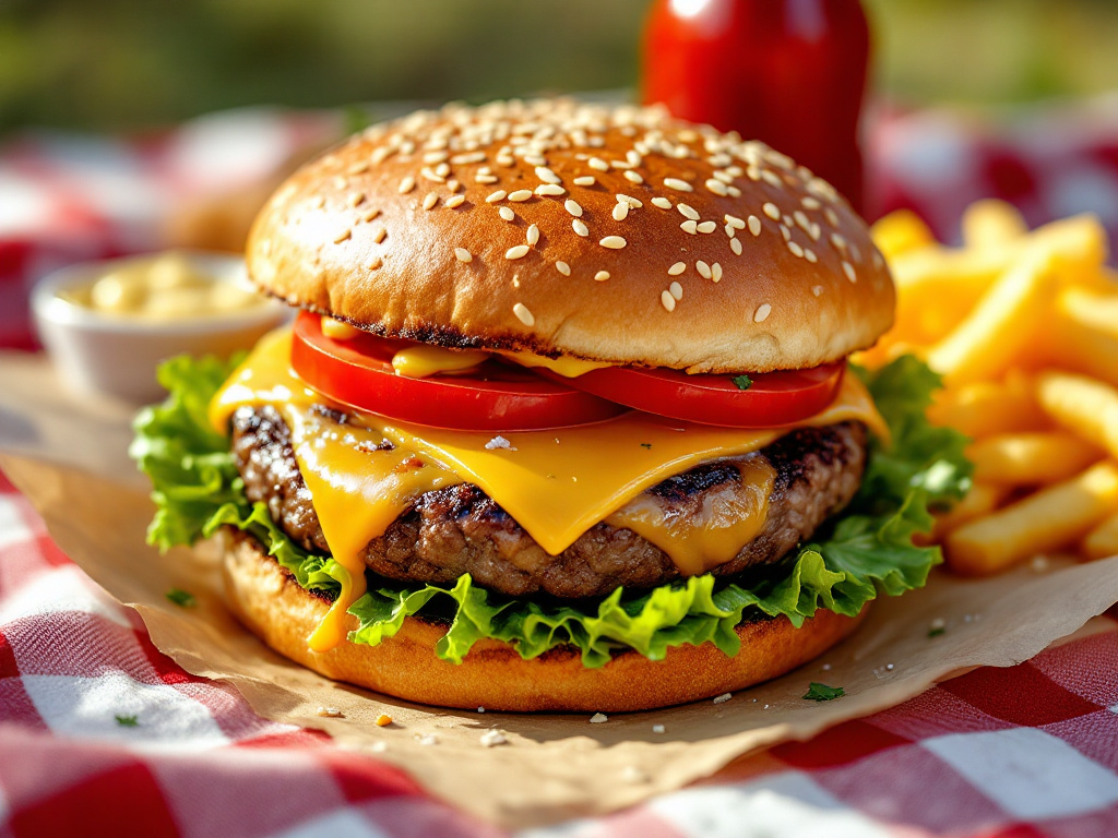 A juicy beef burger on a sesame seed bun, topped with melted cheese, fresh lettuce, sliced tomatoes, and a spread of ketchup and mustard, served on a checkered picnic blanket with a side of crispy fries.