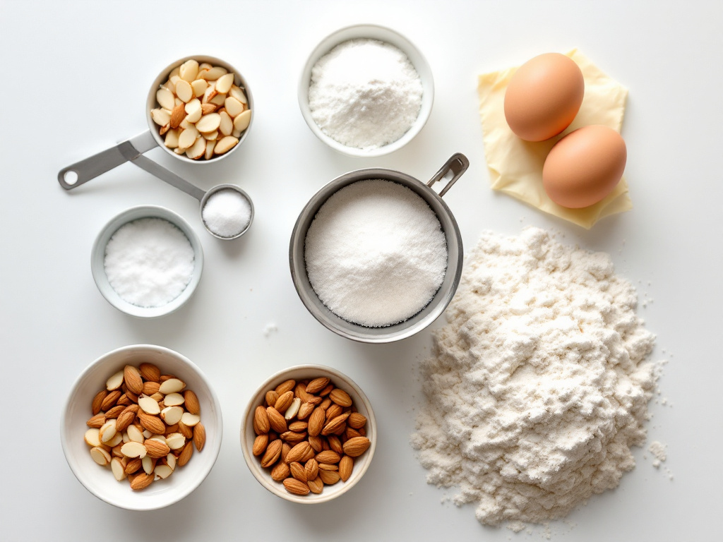 I have generated hyperrealistic photos of a flat lay of all the ingredients needed for the almond nut cake recipe, arranged neatly on a clean, well-lit surface. The ingredients include measuring cups and spoons, a bowl of sliced almonds, eggs, butter, sugar, flour, and extracts. The ingredients are evenly spaced and the photo is taken from above.