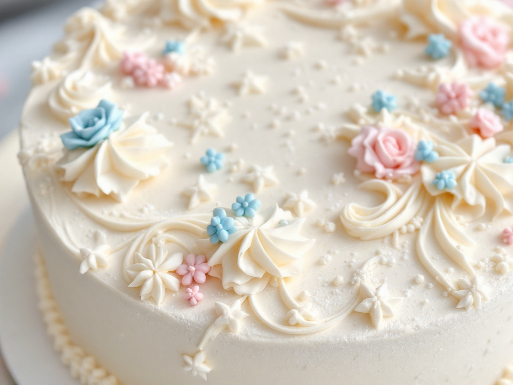 A photo of a beautifully decorated classic vanilla cake with intricate piping designs, edible decorations, and a smooth finish.