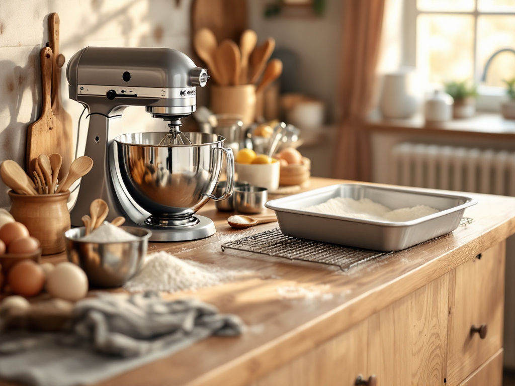A photo of essential baking equipment laid out on a kitchen counter, including mixing bowls, measuring cups and spoons, an electric mixer or whisk, a baking pan, and a cooling rack.