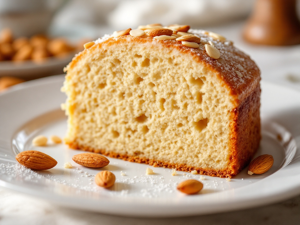 A close-up shot of a beautifully sliced almond nut cake on a elegant white plate, with a few scattered almonds around it. The cake should have a golden-brown crust and a moist, inviting interior. The background should be slightly blurred to focus on the cake.