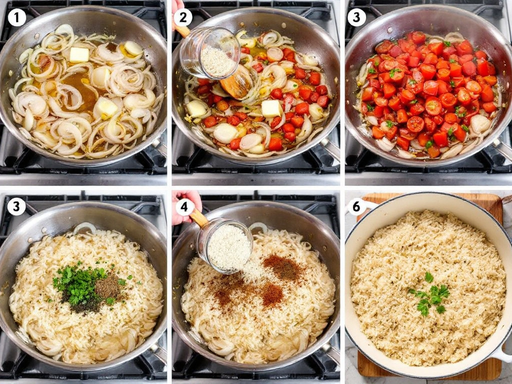  A series of step-by-step photos showing the cooking process, from sautéing onions and garlic to adding tomatoes and spices, and finally the cooked rice.