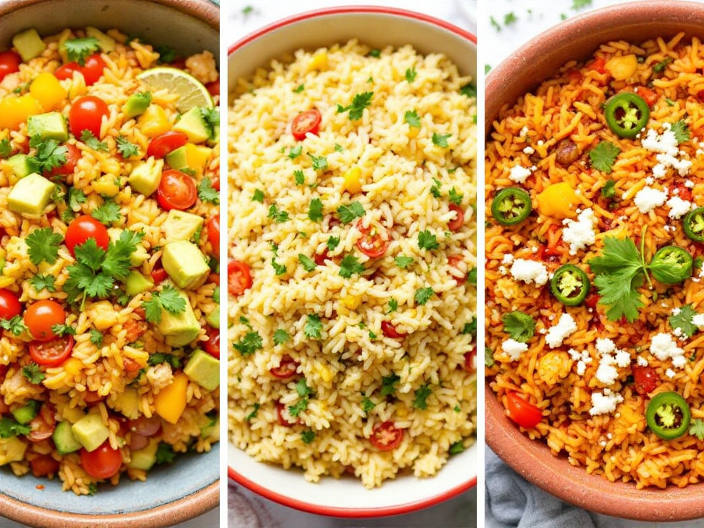 A collage of different variations of Mexican rice, including a vegan version with extra vegetables, a spicy version with jalapeños, and a hearty version with added meat.