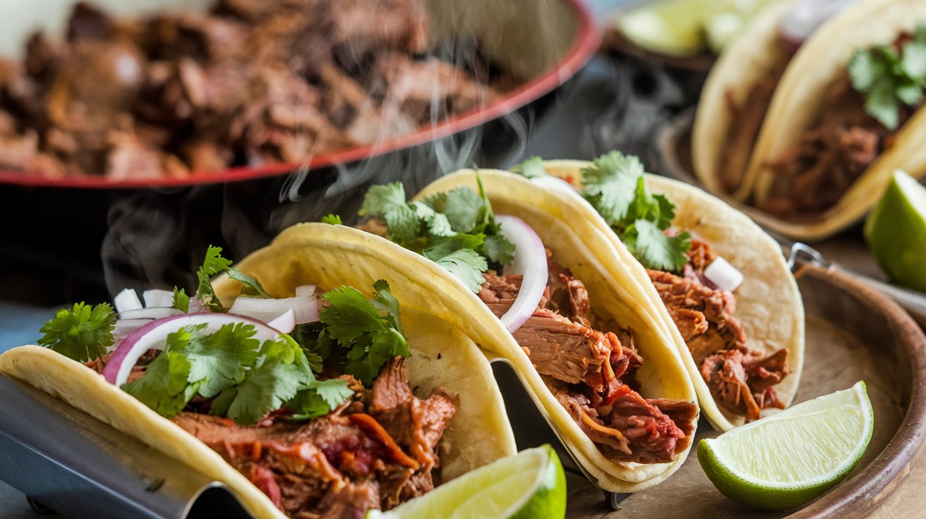 A vibrant close-up of birria tacos with steam rising, garnished with cilantro, onions, and lime wedges.