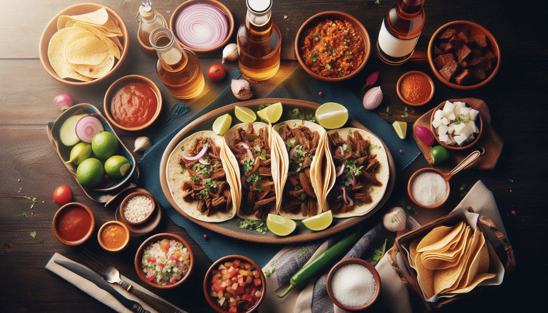 A table set with birria tacos, side dishes, and drinks, ready for a meal.