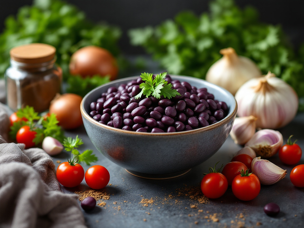 A vibrant bowl of purple black beans surrounded by fresh vegetables like onions, garlic, tomatoes, carrots, and cilantro, with spices and a simmering pot in the background.