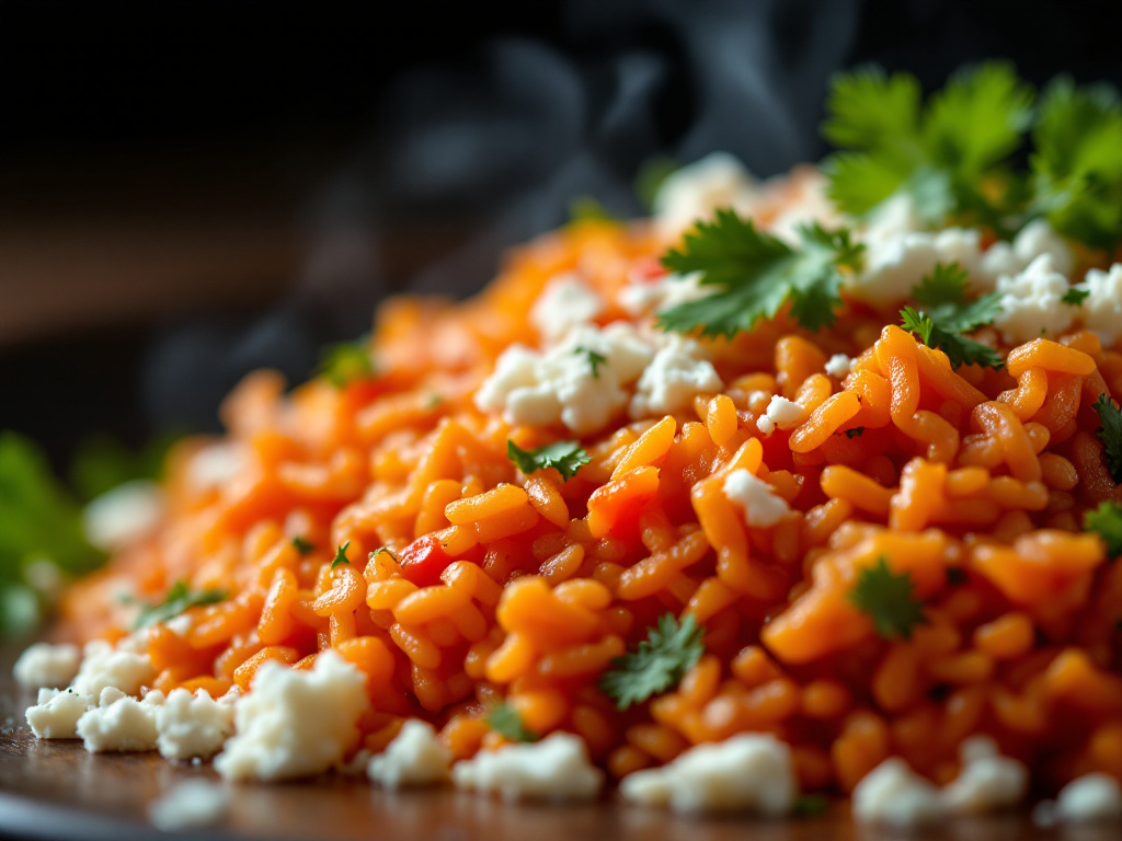 A close-up photo of a traditional Mexican rice dish, showcasing its vibrant red color and fluffy texture.