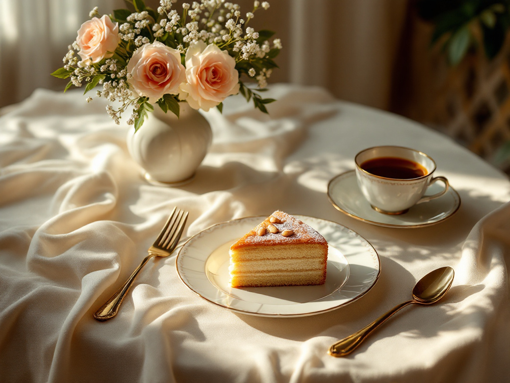 A beautifully set table with a slice of almond nut cake on a dessert plate, accompanied by a cup of coffee or tea. The table should have a elegant tablecloth, a small vase of flowers, and a fork placed neatly beside the plate. The lighting should be soft and inviting.