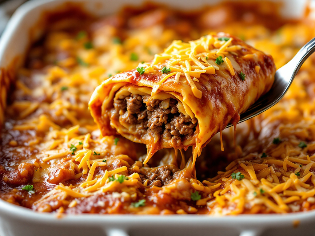 A baking dish filled with rolled beef enchiladas, covered in a rich enchilada sauce and melted cheese, with a close-up shot of a single enchilada being lifted out with a fork, showing the filling inside.