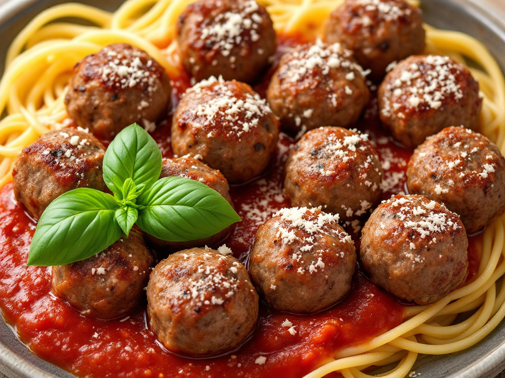 A platter of golden-brown beef meatballs arranged neatly, with a side of marinara sauce for dipping, garnished with a sprinkle of grated Parmesan cheese and fresh basil leaves.