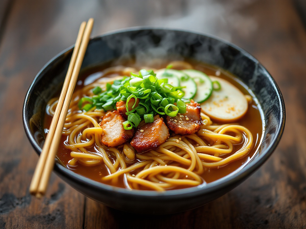 A steaming bowl of ramen with chopsticks and a spoon, showcasing the rich broth, noodles, and various toppings.