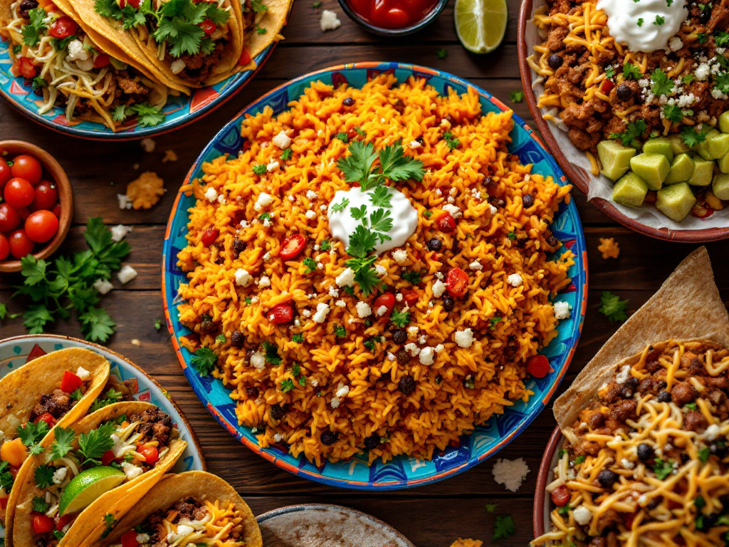 A photo of Mexican rice served alongside tacos, enchiladas, and a burrito bowl, showcasing its versatility as a side dish.