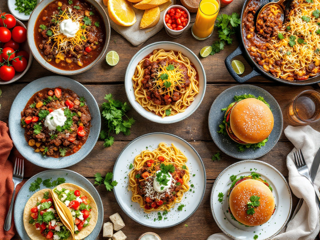 A vibrant, overhead shot of a wooden table filled with an assortment of easy ground beef recipes. The table should include: A plate of classic beef tacos with colorful toppings. A steaming bowl of hearty beef chili with a spoonful of cheese and sour cream. A serving of creamy beef stroganoff over egg noodles. A juicy beef burger on a sesame seed bun with melted cheese and fresh veggies. A large bowl of comforting beef and vegetable soup with a slice of crusty bread. A baking dish of spicy beef enchiladas covered in cheese and sauce. A platter of simple beef meatballs with a side of marinara sauce. A slice of classic beef lasagna showing its layers of pasta, meat, and cheese. A sizzling skillet of easy beef and broccoli stir-fry over rice. A cast-iron skillet of savory beef and mushroom skillet with mashed potatoes.