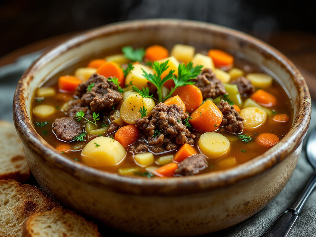 A large bowl of beef and vegetable soup with visible chunks of ground beef, carrots, celery, and potatoes, steaming hot and garnished with a sprinkle of fresh herbs, served with a slice of crusty bread on the side.