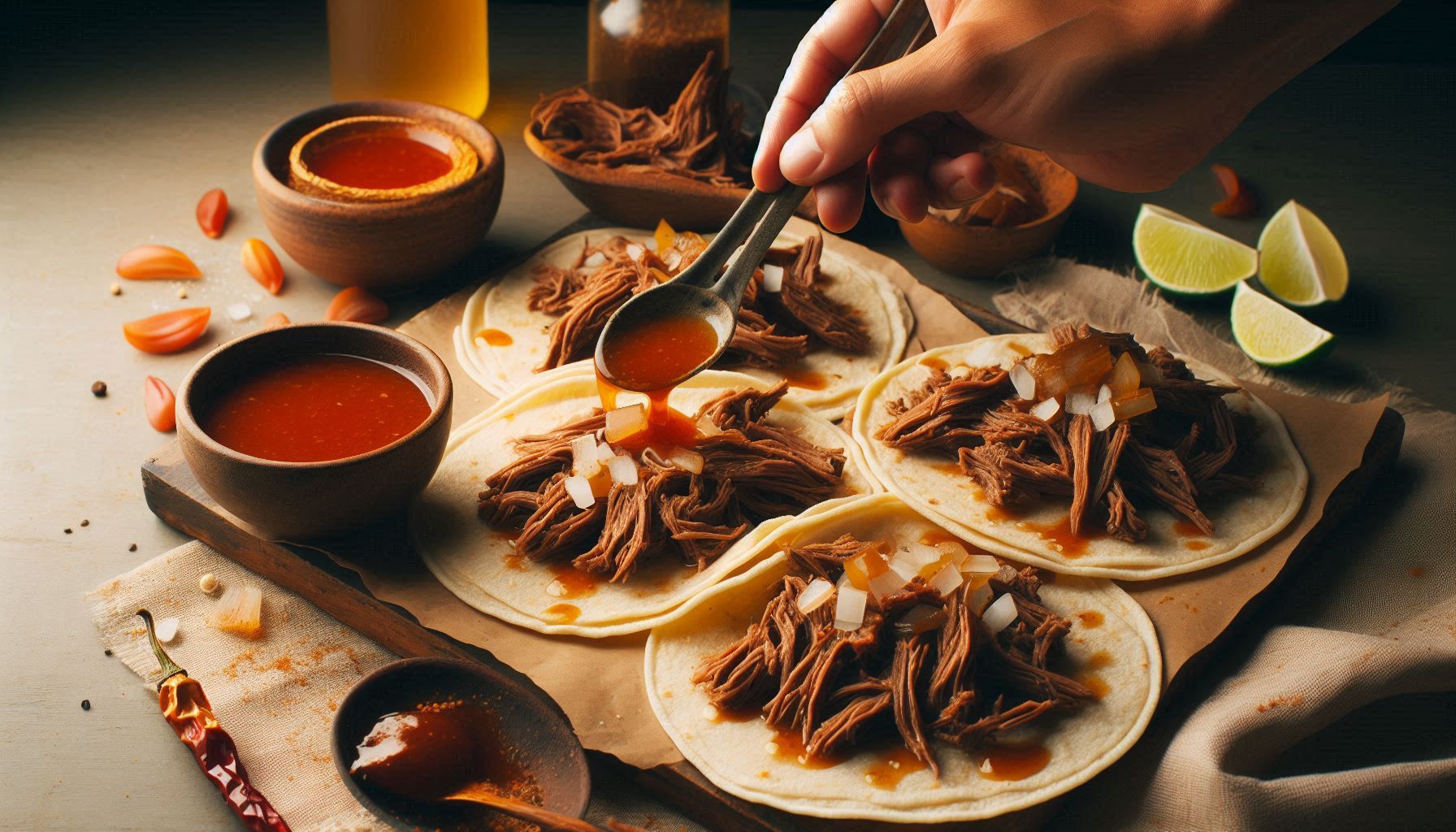 A hand assembling birria tacos, placing shredded meat onto warm tortillas and drizzling with consommé.