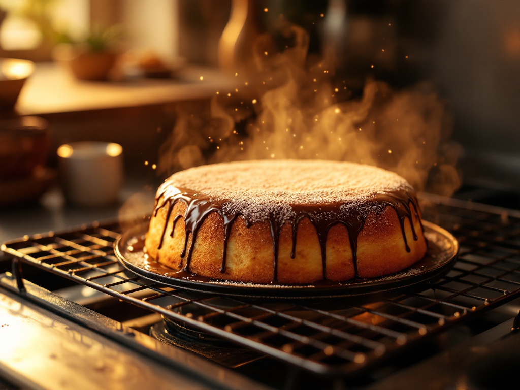 The cake baking in the oven.