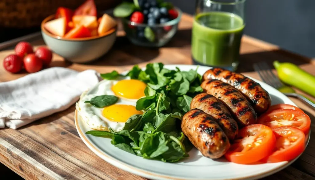 A plate of grilled turkey sausages with fried eggs, fresh greens, and sliced tomatoes.