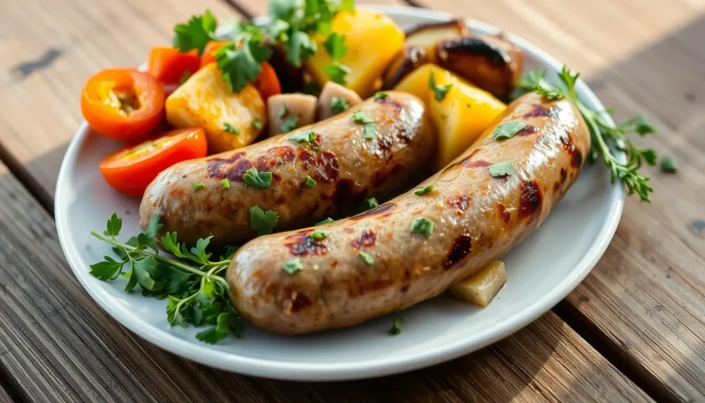 A plate of grilled turkey sausages with roasted vegetables.