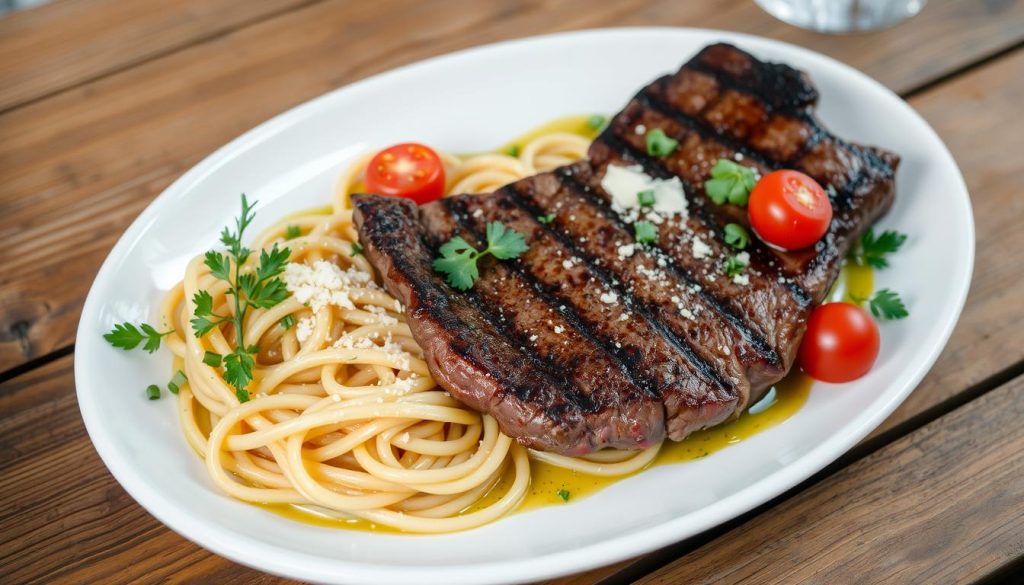 beef steak and pasta