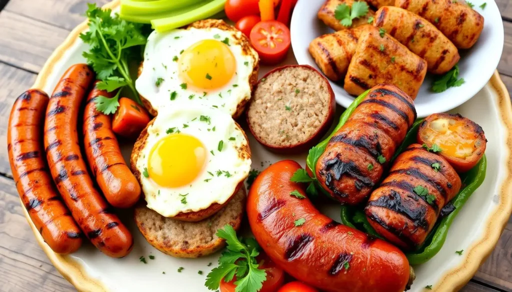 A platter of grilled turkey sausages, eggs, and vegetables.

