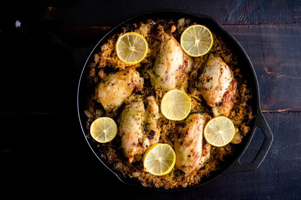 Baked Boneless Chicken Thighs with lemon slices in a pan.