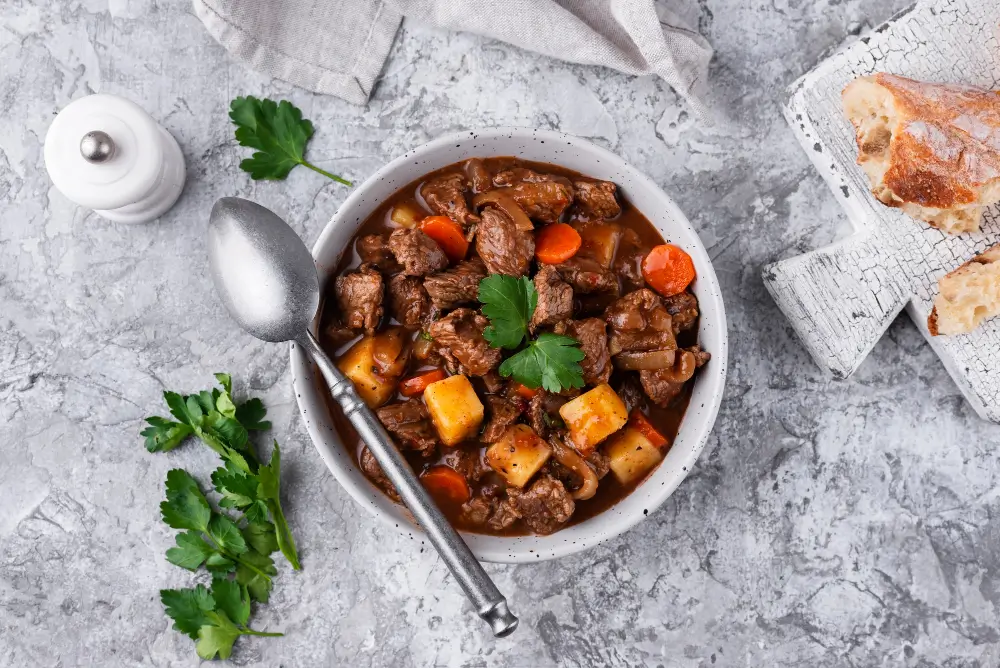 A hearty bowl of Classic Beef Chili Recipe with tender beef, vegetables, and a rich, savory broth.