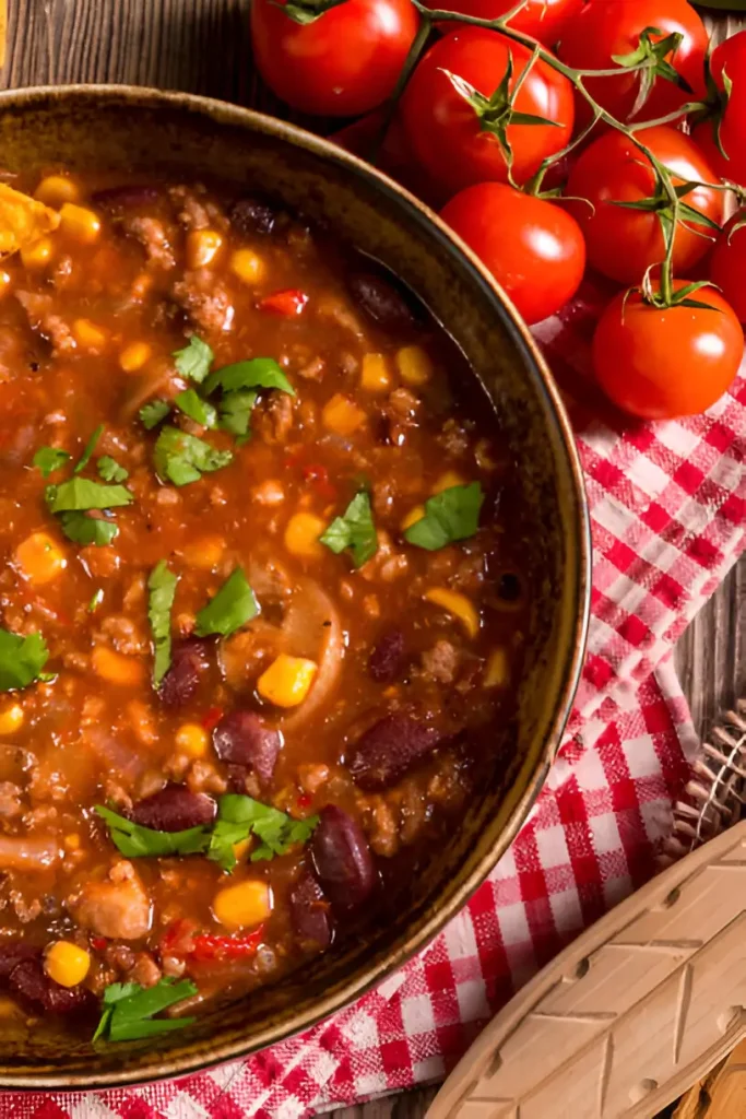 A bowl of hearty Ground Beef Stew with beans, corn, and peppers, garnished with fresh cilantro and accompanied by ripe tomatoes.