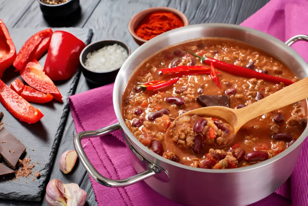 A pot of hearty Ground Beef Stew with beans, peppers, and spices, served with a wooden spoon.