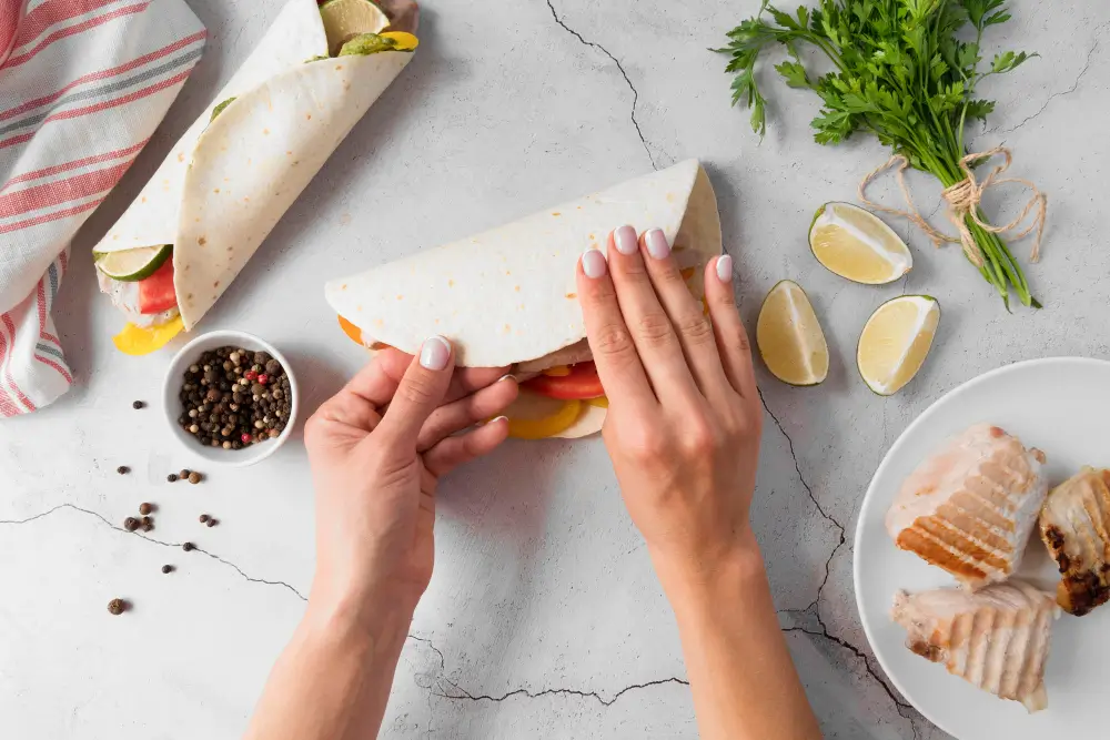 A person carefully rolling a shrimp wrap recipe, with ingredients like lime, pepper, and fresh herbs visible on the table.