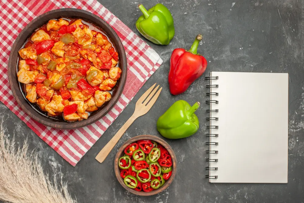 A bowl of Turkey Chili Recipe with colorful peppers, a wooden fork, and a notebook on a rustic table.