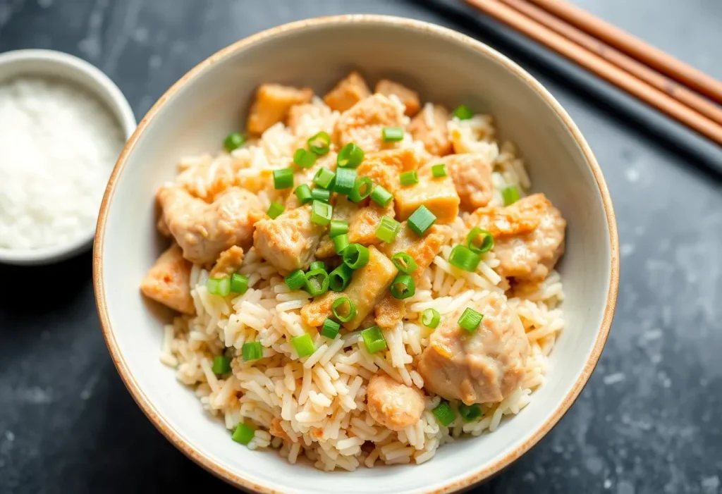 A delicious bowl of chicken long rice garnished with green onions