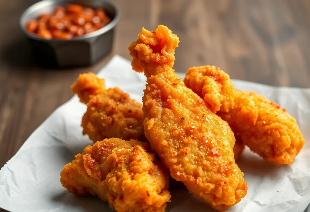 Golden crispy crown fried chicken pieces with seasoning.