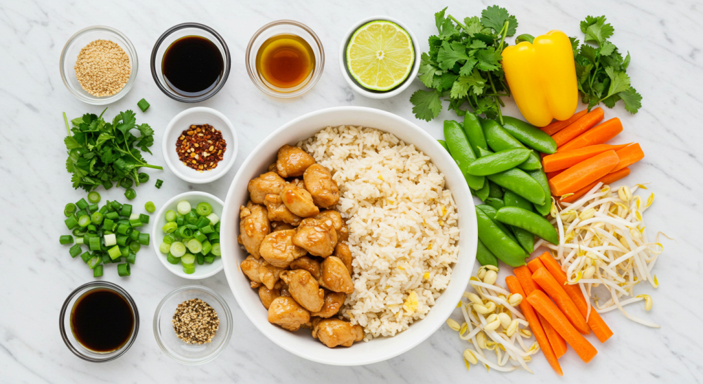 A vibrant bowl of Chicken Fried Rice surrounded by fresh vegetables, including carrots, snap peas, bean sprouts, bell peppers, and green onions, with various sauces and seasonings.