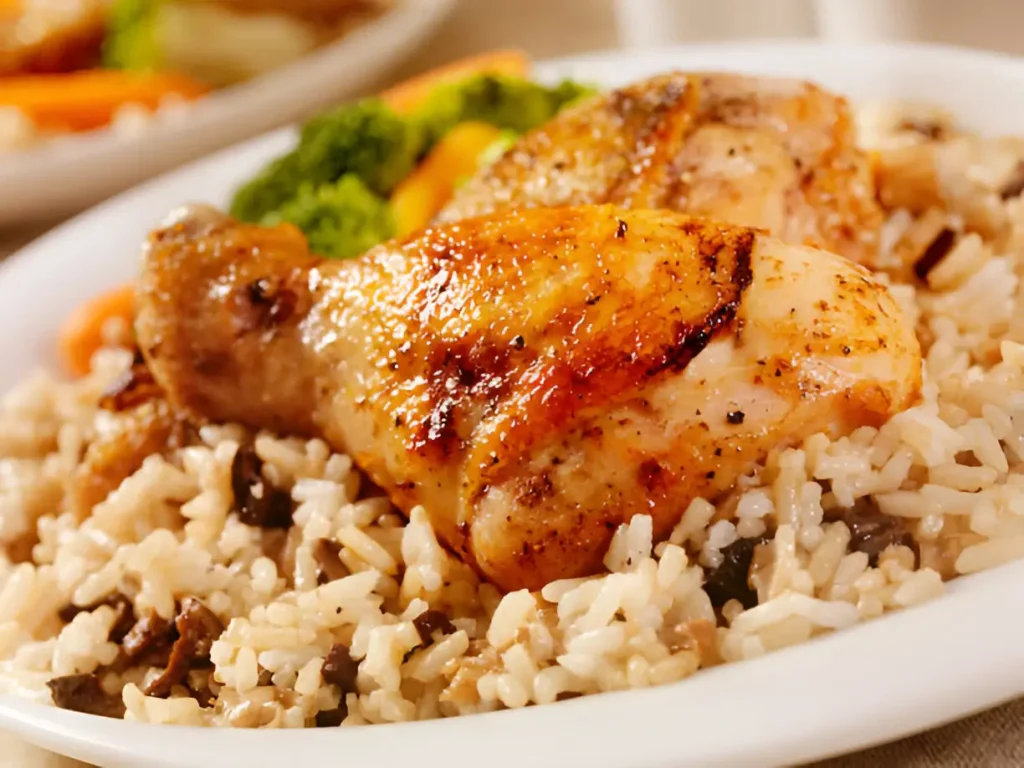 A close-up of grilled chicken served on a bed of mushroom rice, with a side of broccoli.

