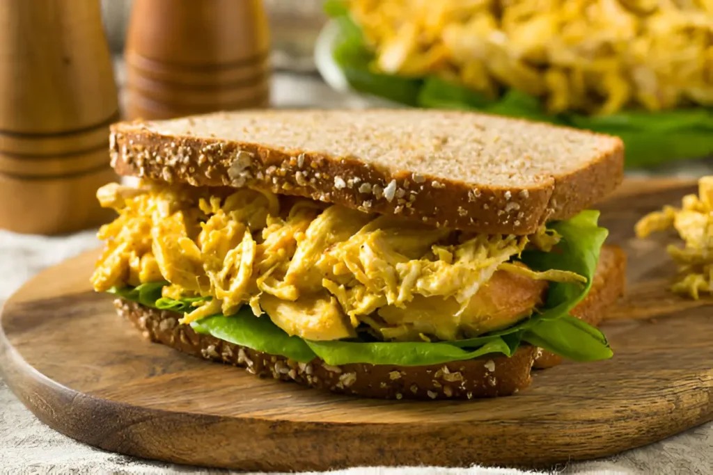 A close-up image of a Chicken Salad Sandwich with a generous layer of chicken salad and fresh lettuce between slices of whole grain bread.