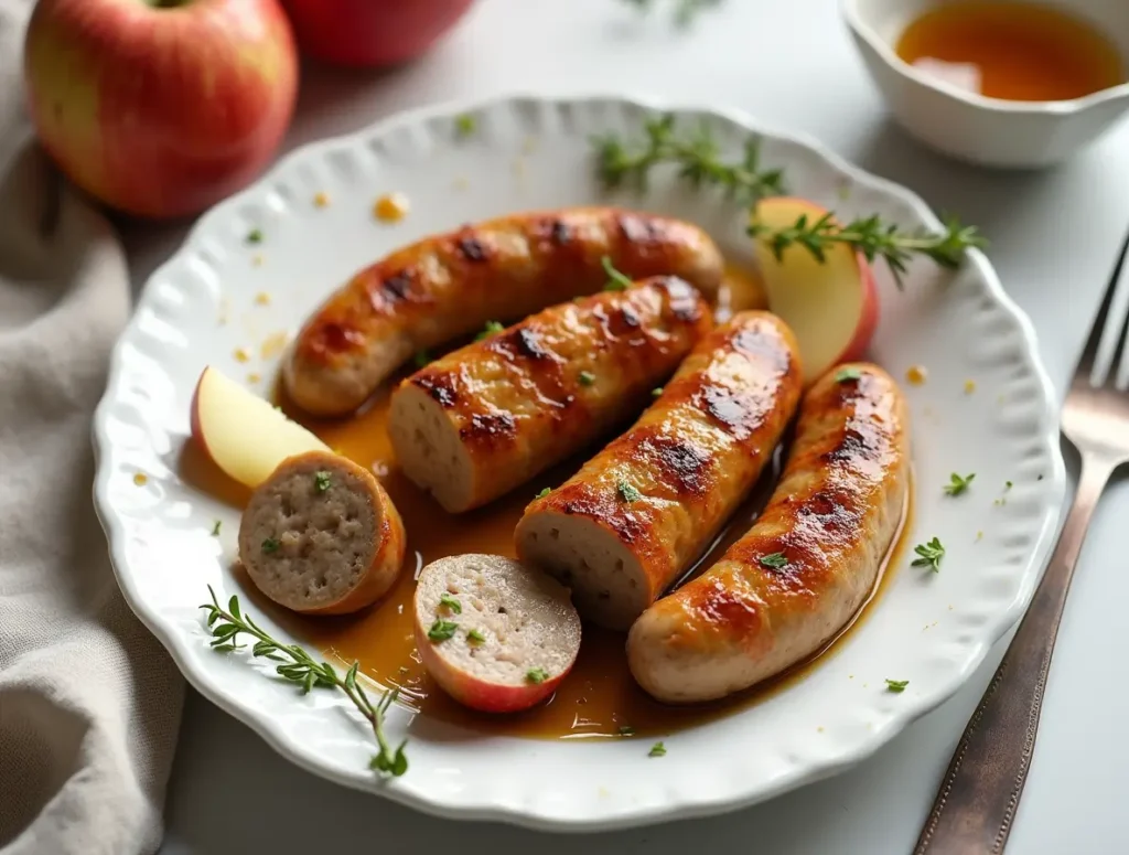 A top-down view of a white ceramic plate with grilled chicken apple sausage links, sliced open to reveal the juicy interior. Garnished with apple wedges, thyme sprigs, and a drizzle of maple glaze. The background features a clean, modern kitchen table with a linen napkin and a fork resting nearby. Warm, inviting lighting with shallow depth of field to emphasize the texture of the sausage.