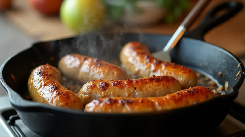 A close-up shot of chicken apple sausage links sizzling in a cast iron skillet on a stovetop. Light golden-brown sear with visible herbs and apple pieces inside the sausage. A spatula is turning one of the links. Steam rises subtly. Natural kitchen lighting with a rustic wooden countertop in the background.