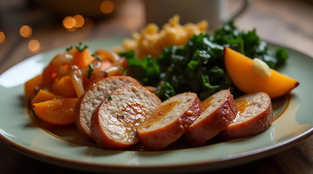 A beautifully plated dinner featuring sliced chicken apple sausage served with roasted sweet potatoes, caramelized onions, and sautéed kale. The sausage is glazed slightly and garnished with thyme. Soft lighting and a farmhouse-style table setting create a cozy dinner atmosphere.