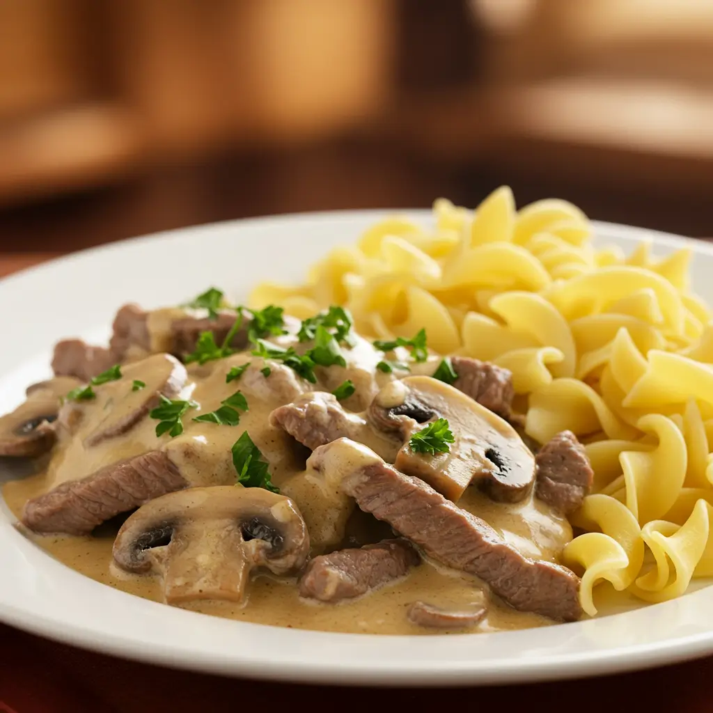 Classic Beef Stroganoff recipe in a white bowl with tender beef, creamy mushroom sauce, and fresh parsley, served next to golden egg noodles.