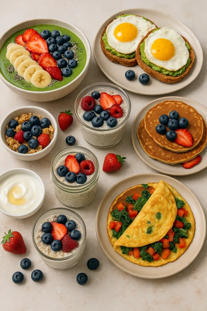 Healthy breakfast recipes displayed on a table, including smoothie bowl, avocado toast with eggs, chia pudding, banana pancakes, and veggie omelette