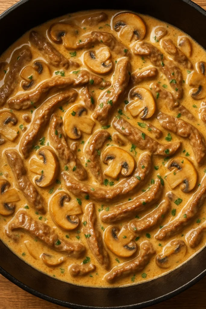 Close-up top view of beef stroganoff recipe in a skillet with creamy mushroom sauce, tender beef strips, and fresh parsley garnish