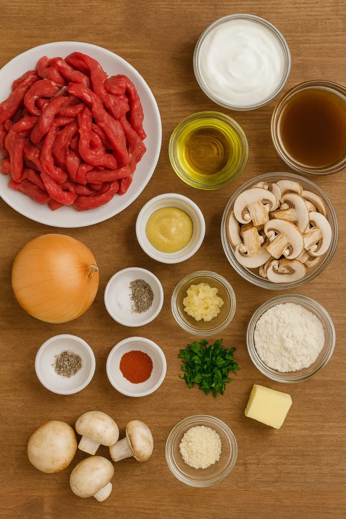 Flat lay of beef stroganoff recipe ingredients including sliced beef, mushrooms, onions, garlic, sour cream, beef broth, and seasonings arranged on a wooden table