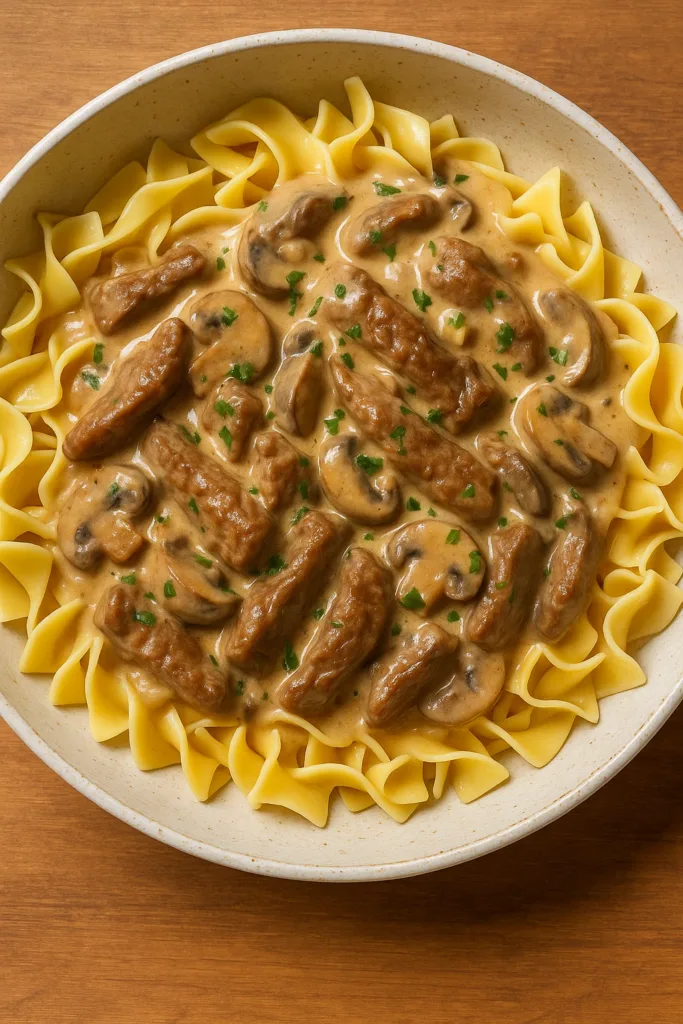 Close-up top view of creamy beef stroganoff served over egg noodles in a rustic bowl, garnished with fresh parsley