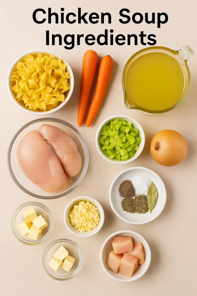 Flat lay of fresh chicken soup ingredients including shredded chicken, carrots, celery, onion, egg noodles, butter, parsley, broth, and spices.