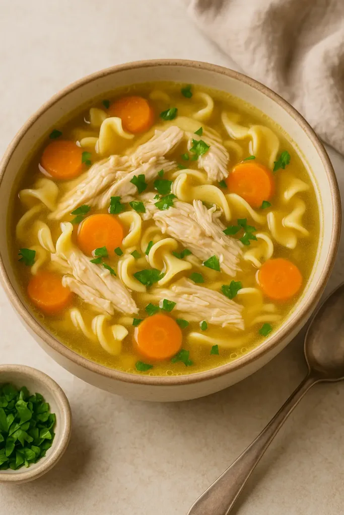 Close-up of a hearty homemade chicken soup with egg noodles, carrots, and parsley in a ceramic bowl, perfect for chicken soup recipes.